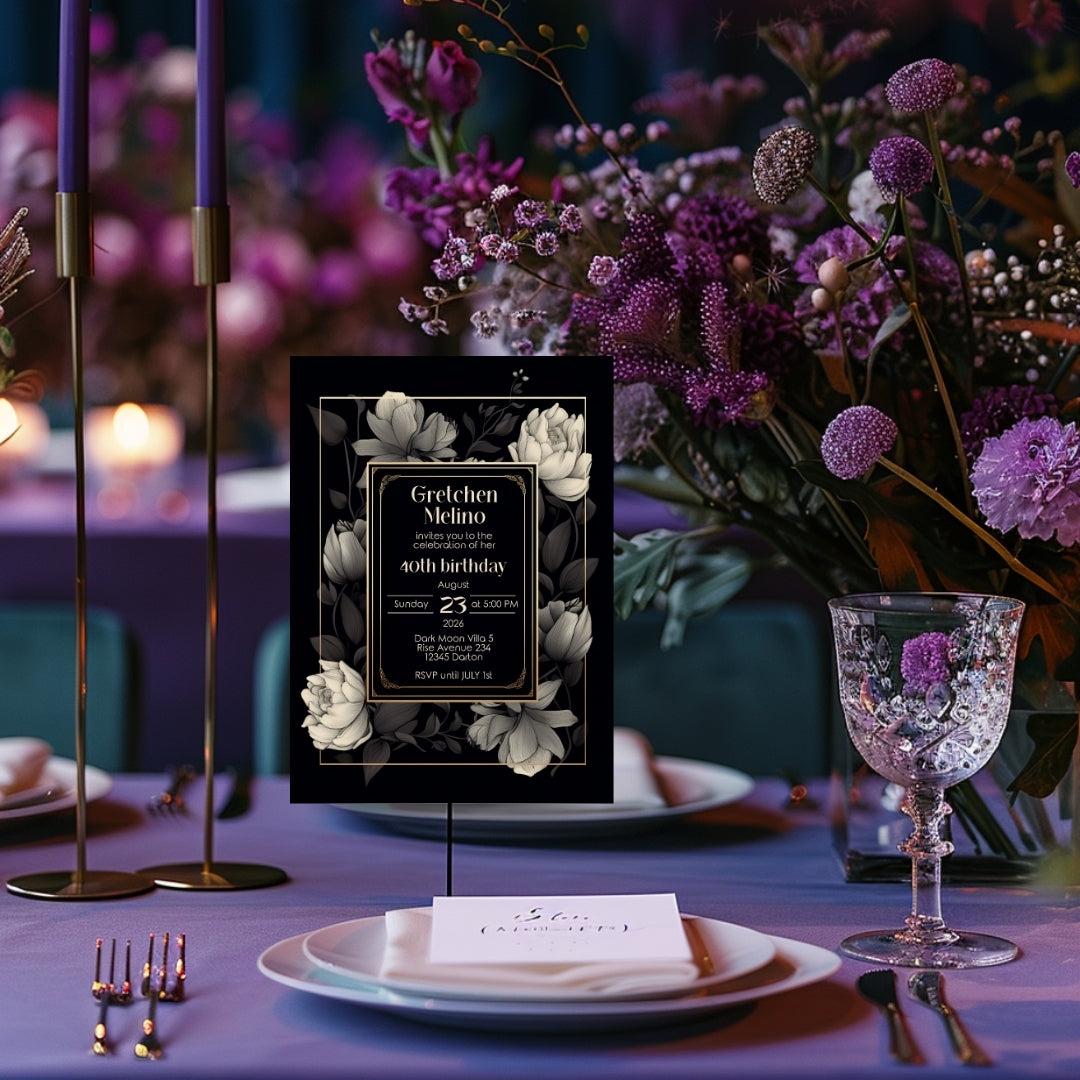 Gothic Elegance Birthday Invitation - Black and Gold Floral Design