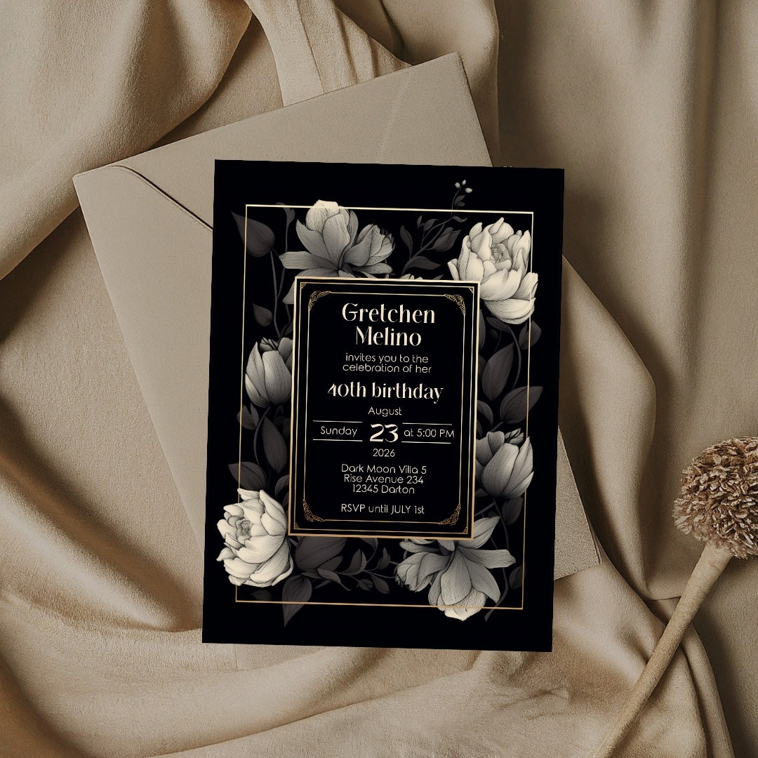 Gothic Elegance Birthday Invitation - Black and Gold Floral Design