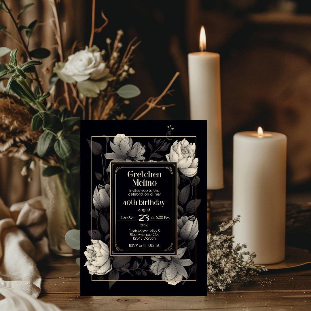 Gothic Elegance Birthday Invitation - Black and Gold Floral Design