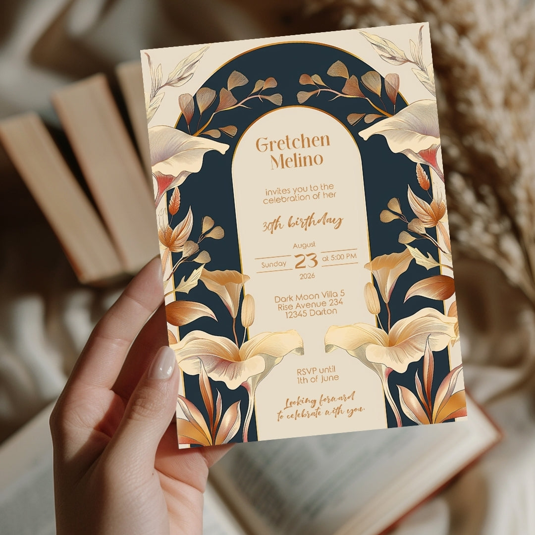 Art Nouveau Birthday Invitation with Vintage Floral Design and Gold Accents