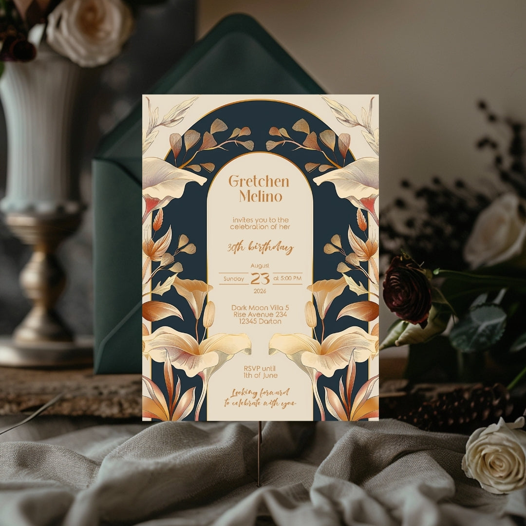 Art Nouveau Birthday Invitation with Vintage Floral Design and Gold Accents