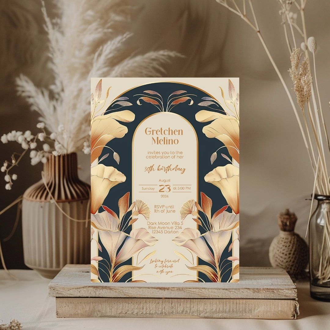 Art Nouveau Birthday Invitation with Gold and Navy Floral Design