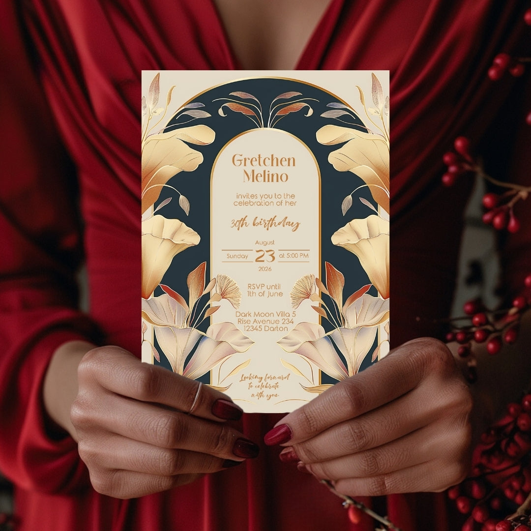 Art Nouveau Birthday Invitation with Gold and Navy Floral Design