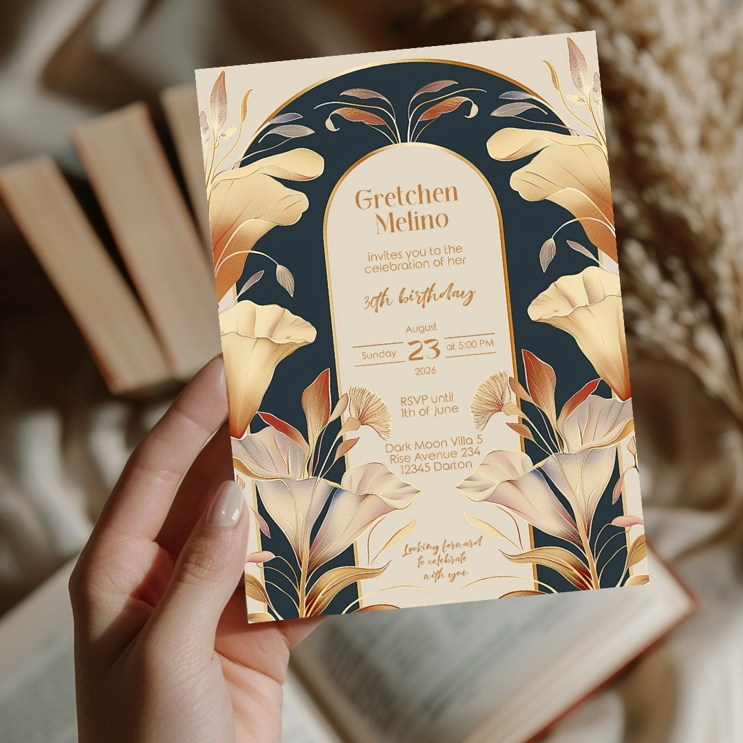 Art Nouveau Birthday Invitation with Gold and Navy Floral Design