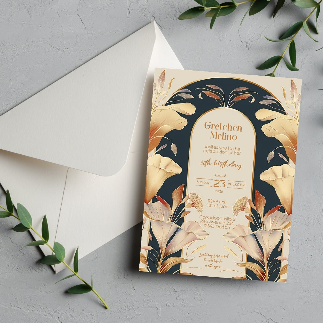 Art Nouveau Birthday Invitation with Gold and Navy Floral Design