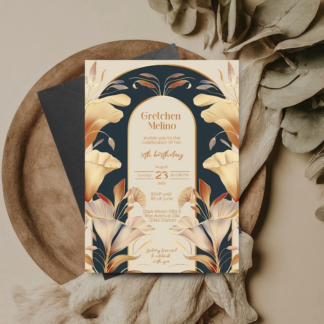 Art Nouveau Birthday Invitation with Gold and Navy Floral Design