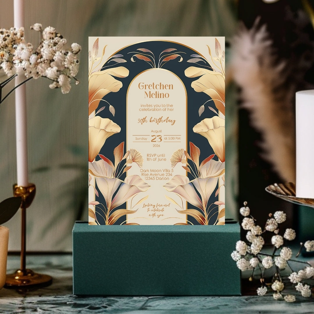 Art Nouveau Birthday Invitation with Gold and Navy Floral Design