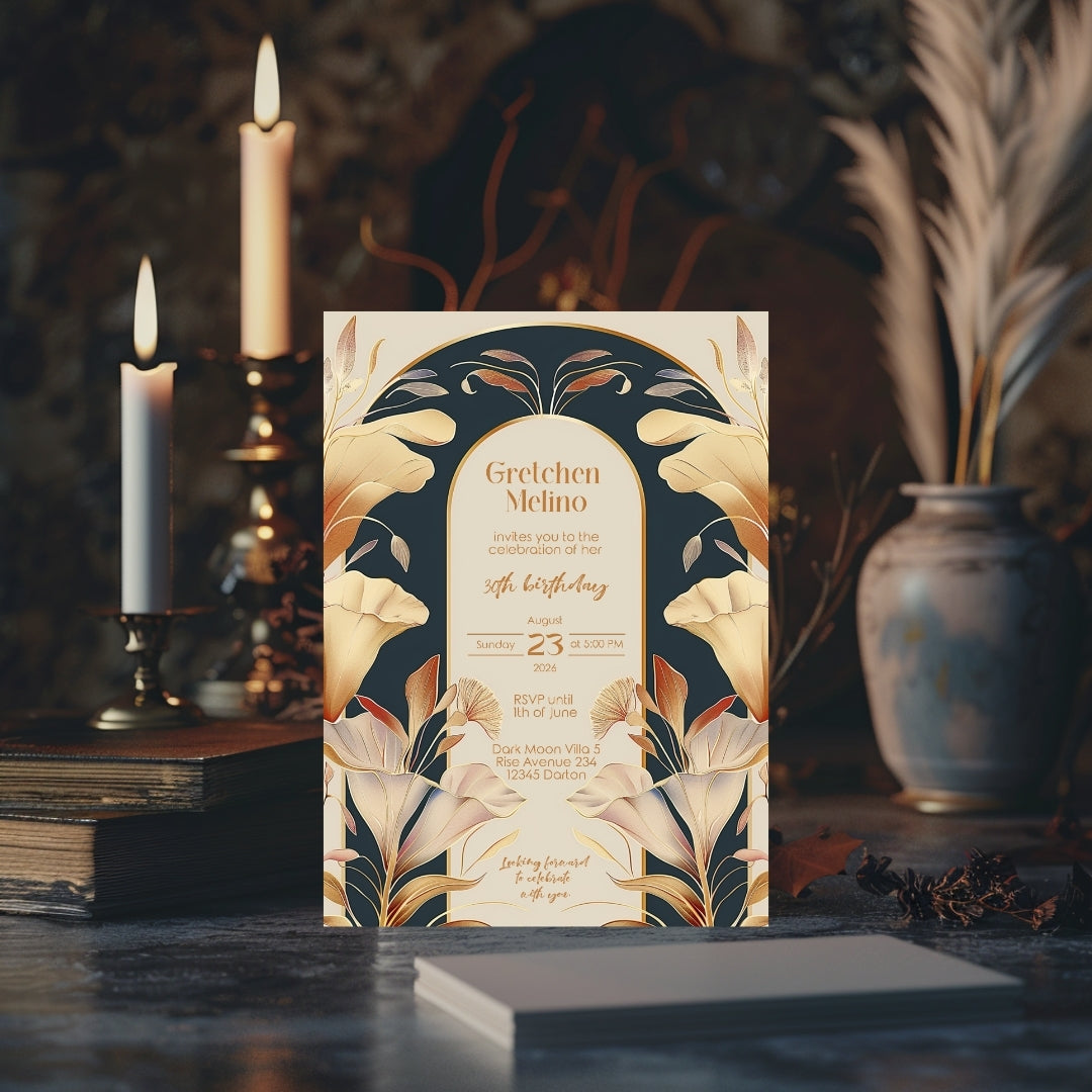 Art Nouveau Birthday Invitation with Gold and Navy Floral Design