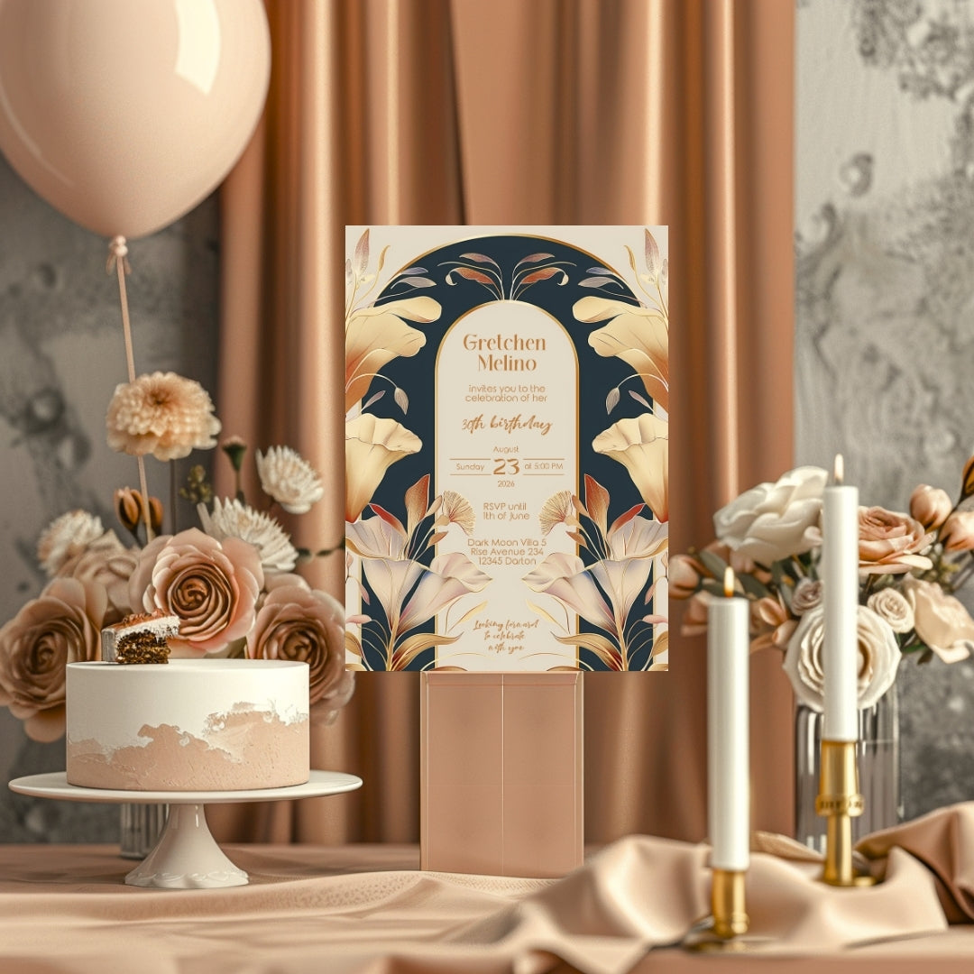 Art Nouveau Birthday Invitation with Gold and Navy Floral Design