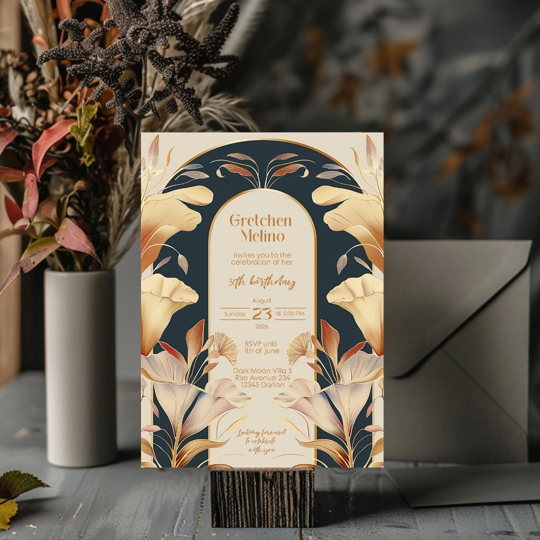 Art Nouveau Birthday Invitation with Gold and Navy Floral Design