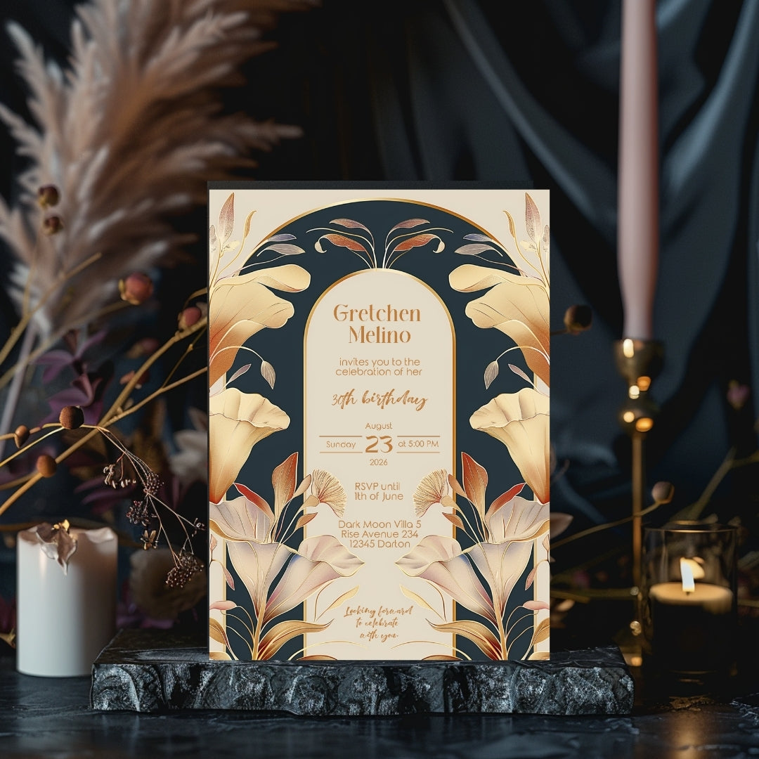 Art Nouveau Birthday Invitation with Gold and Navy Floral Design
