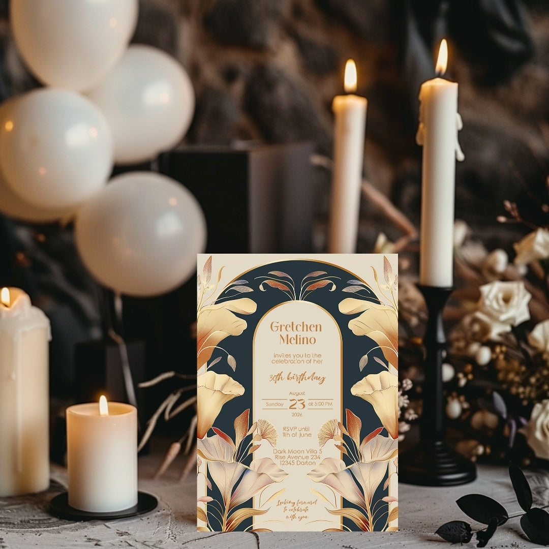 Art Nouveau Birthday Invitation with Gold and Navy Floral Design
