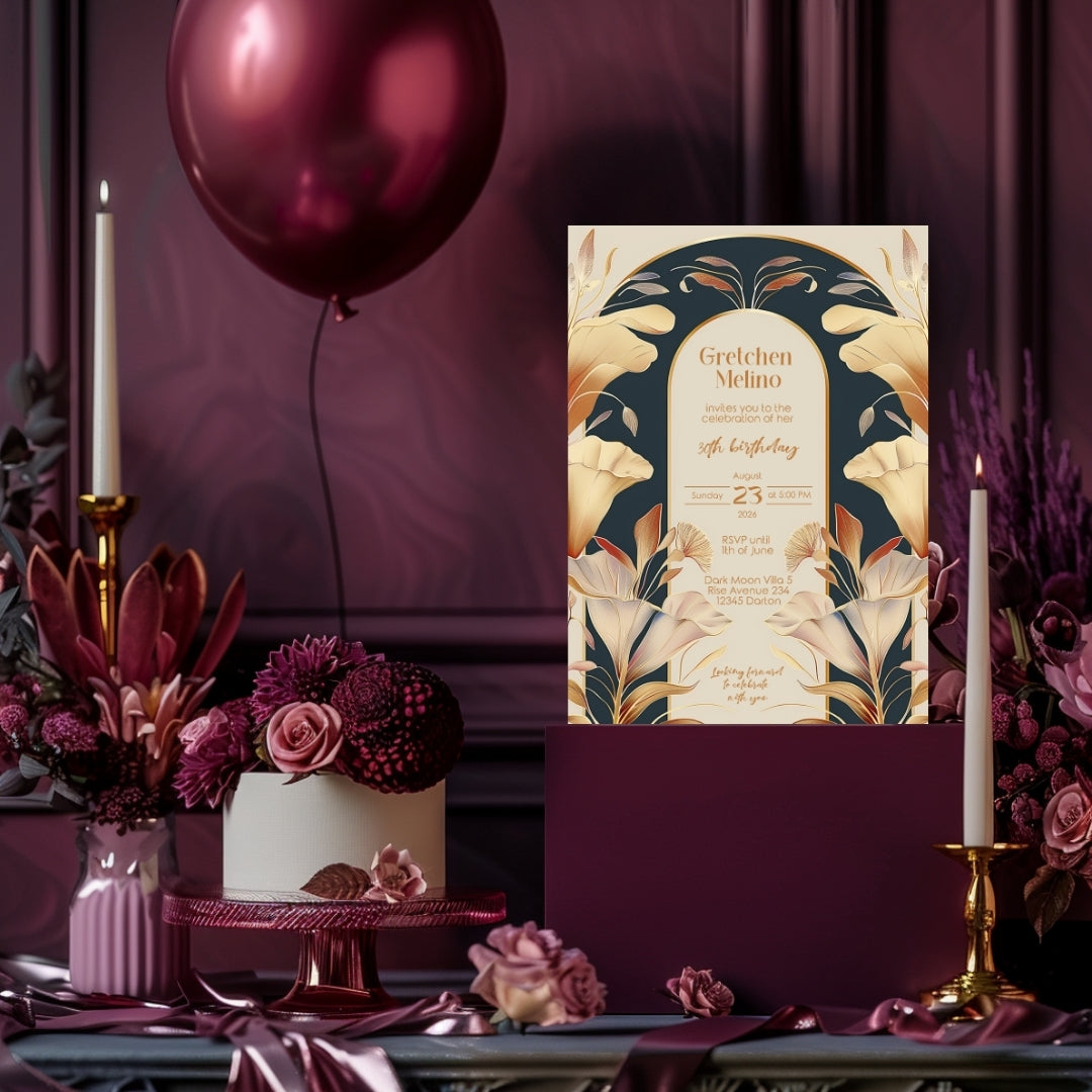 Art Nouveau Birthday Invitation with Gold and Navy Floral Design