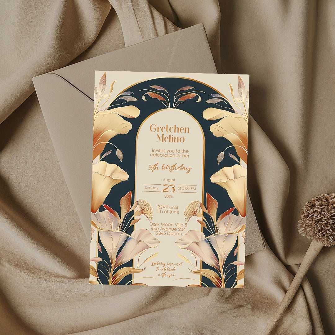 Art Nouveau Birthday Invitation with Gold and Navy Floral Design