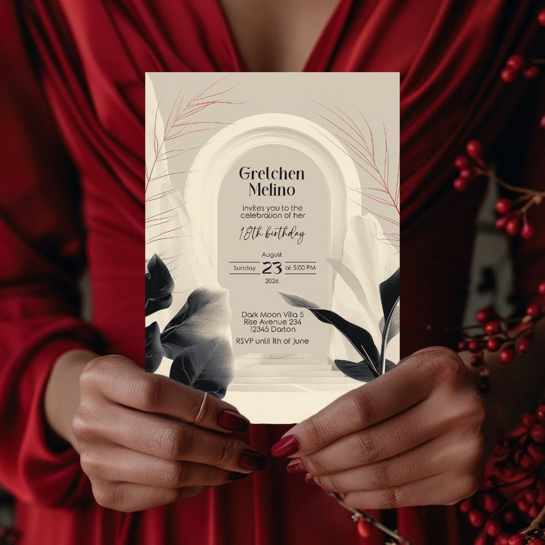 White Desert Minimalist Birthday Invitation - Black and White with Subtle Red Accents