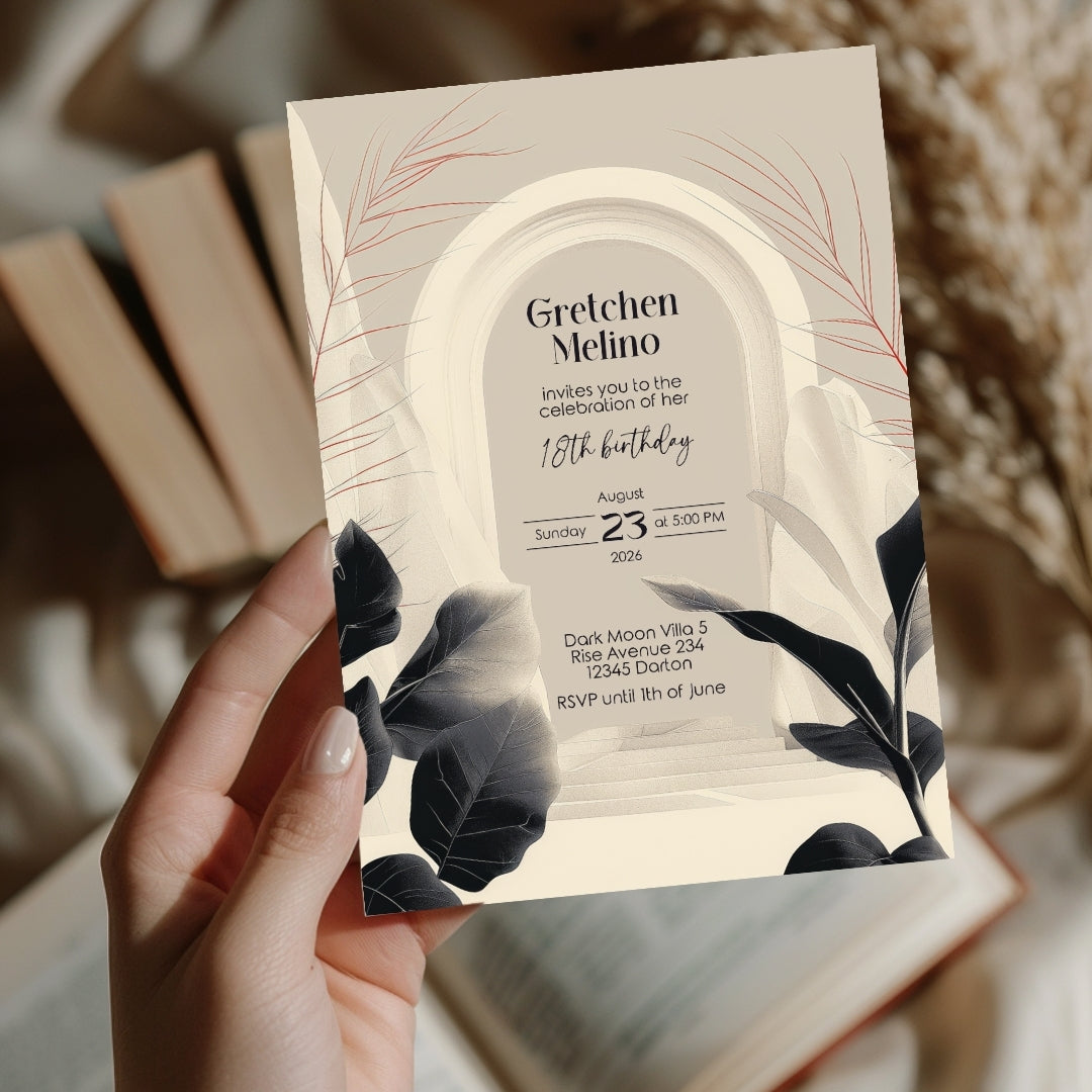 White Desert Minimalist Birthday Invitation - Black and White with Subtle Red Accents
