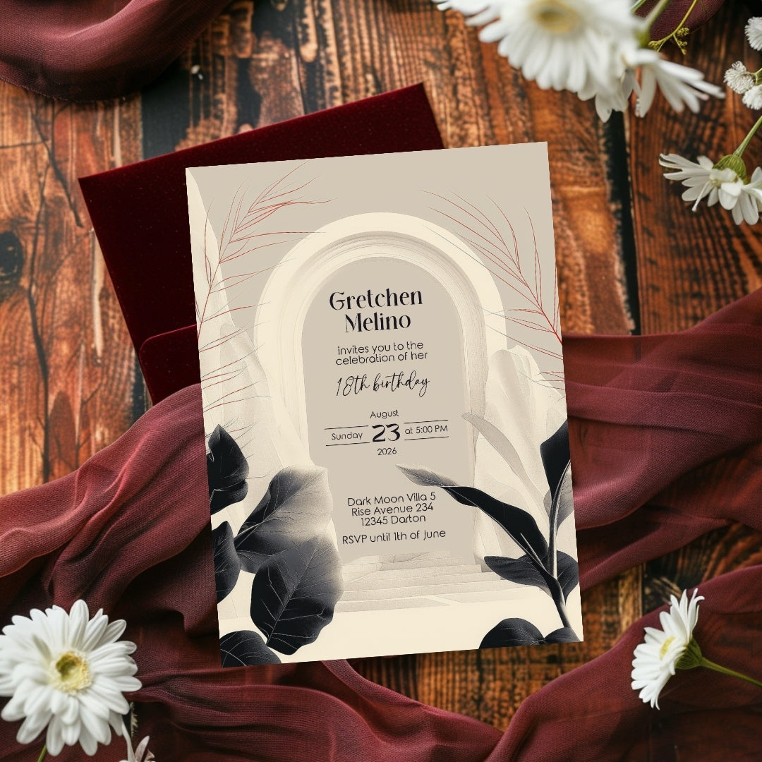 White Desert Minimalist Birthday Invitation - Black and White with Subtle Red Accents
