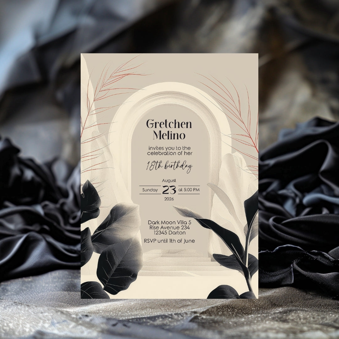 White Desert Minimalist Birthday Invitation - Black and White with Subtle Red Accents