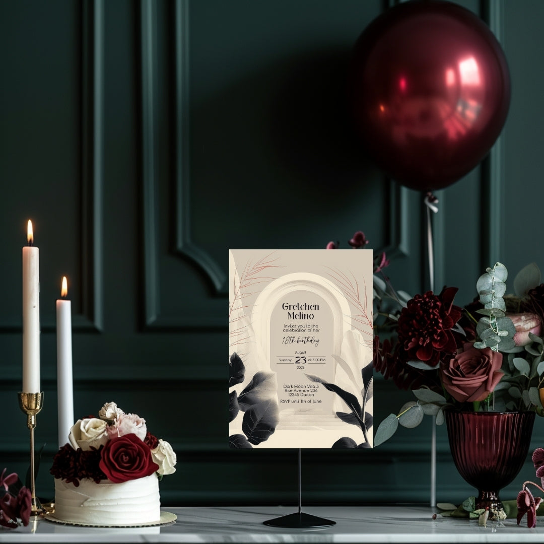 White Desert Minimalist Birthday Invitation - Black and White with Subtle Red Accents