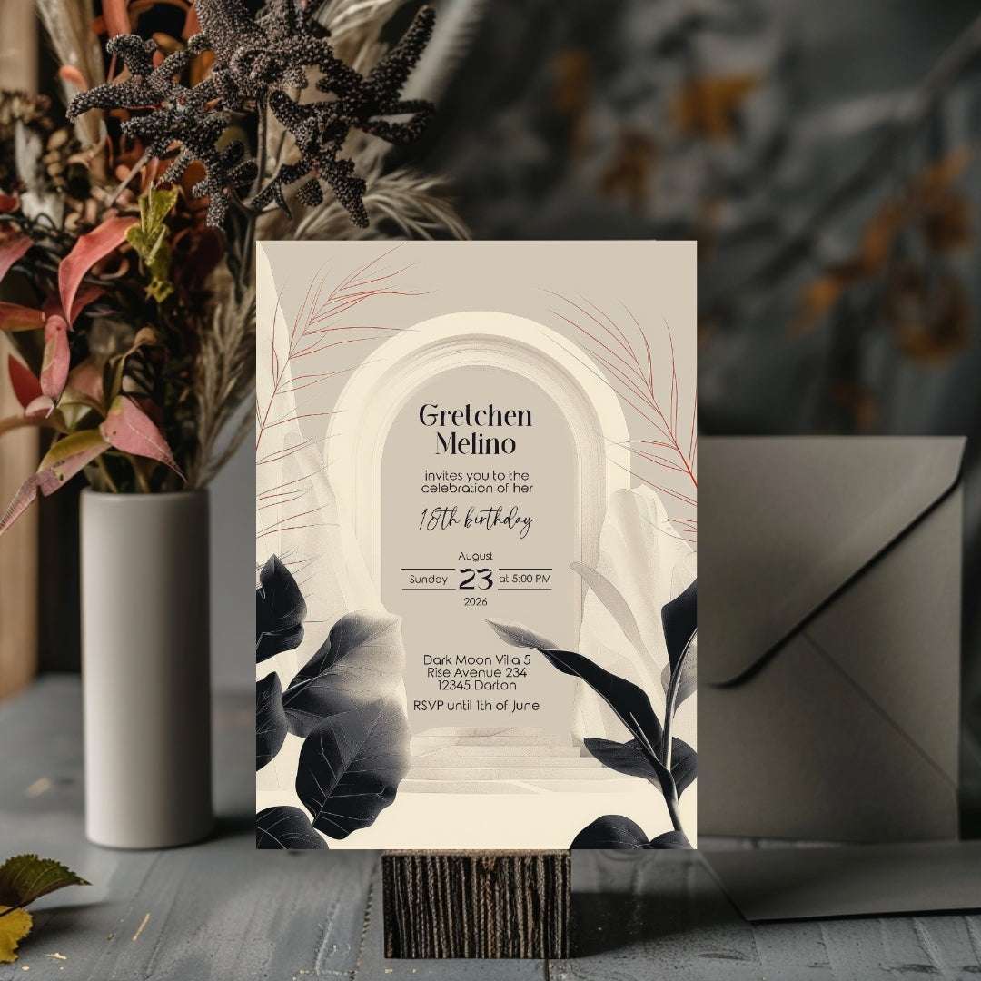 White Desert Minimalist Birthday Invitation - Black and White with Subtle Red Accents