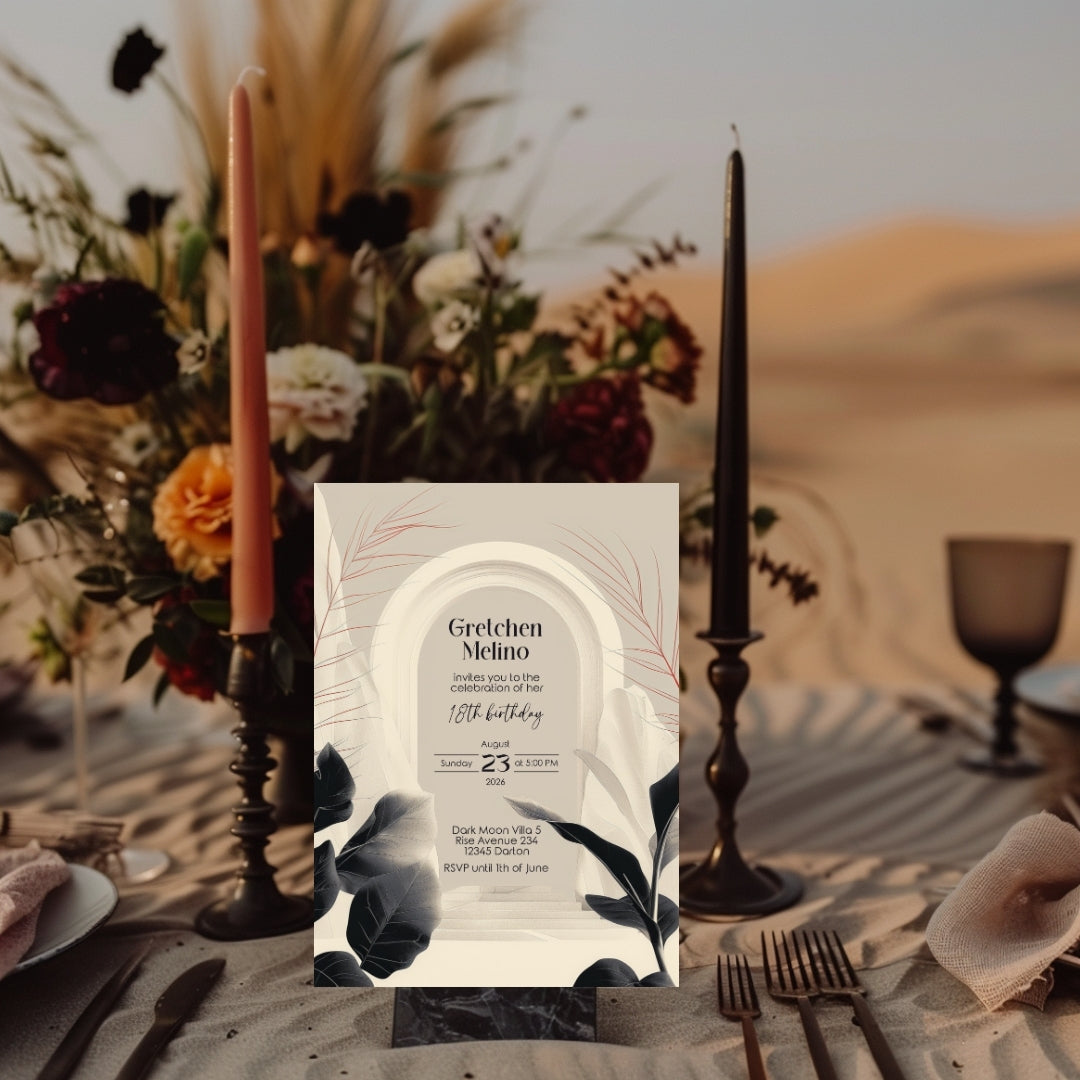 White Desert Minimalist Birthday Invitation - Black and White with Subtle Red Accents