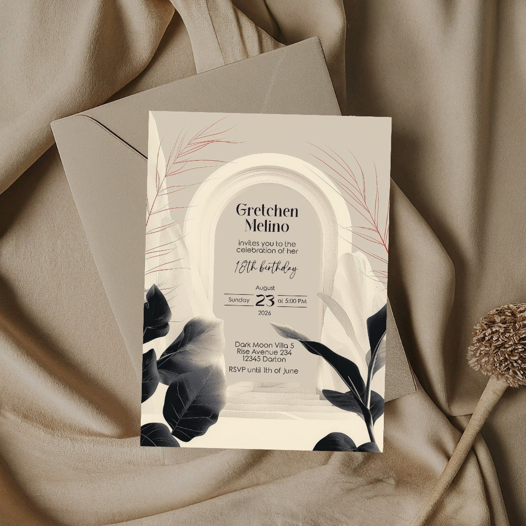 White Desert Minimalist Birthday Invitation - Black and White with Subtle Red Accents