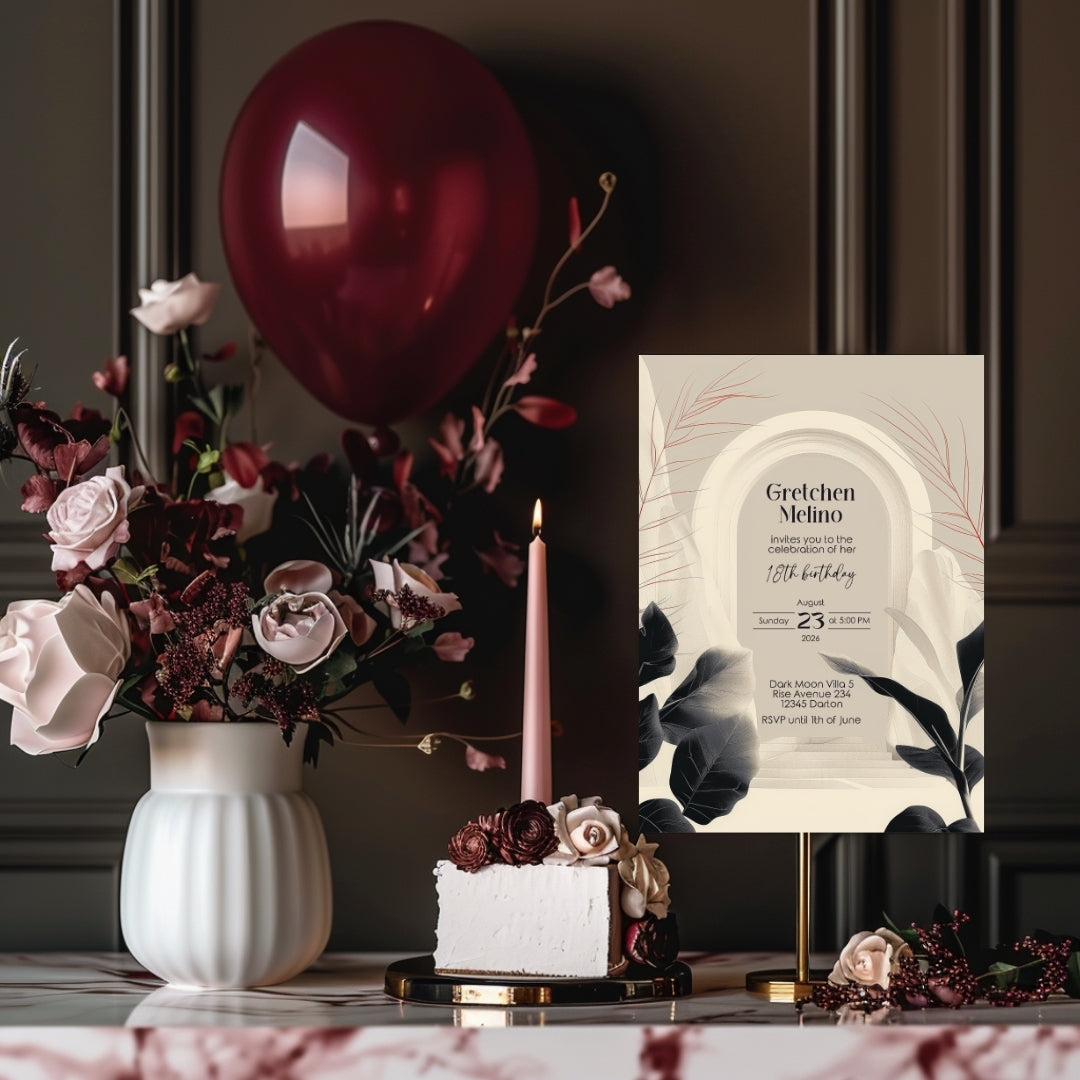 White Desert Minimalist Birthday Invitation - Black and White with Subtle Red Accents