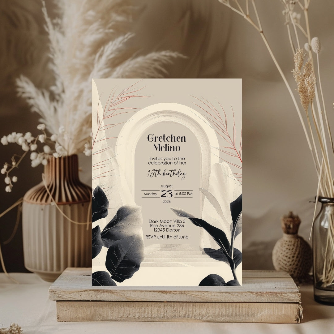 White Desert Minimalist Birthday Invitation - Black and White with Subtle Red Accents