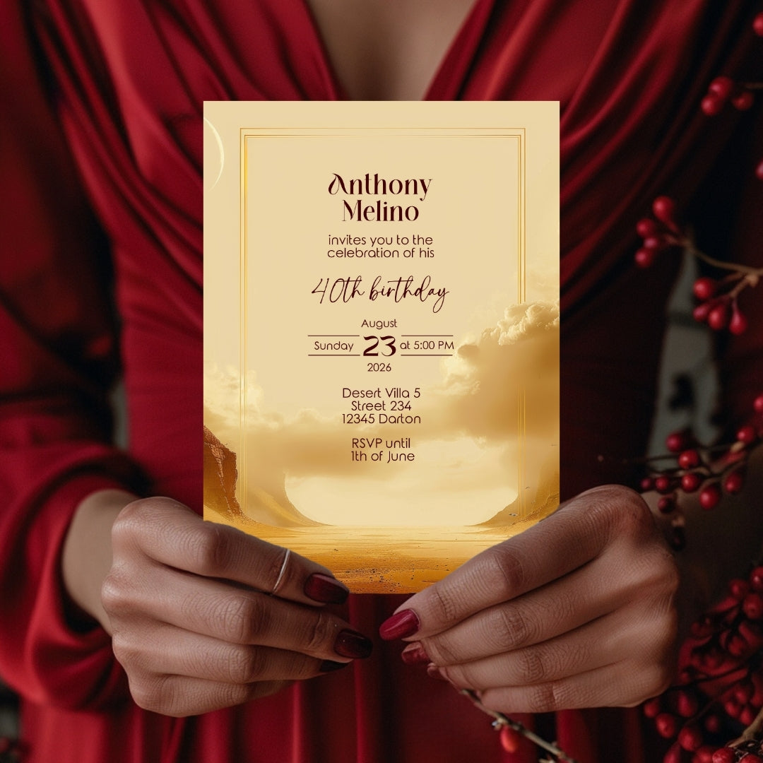 Golden Oasis Birthday Invitation - Serene Desert Design for Special Celebrations