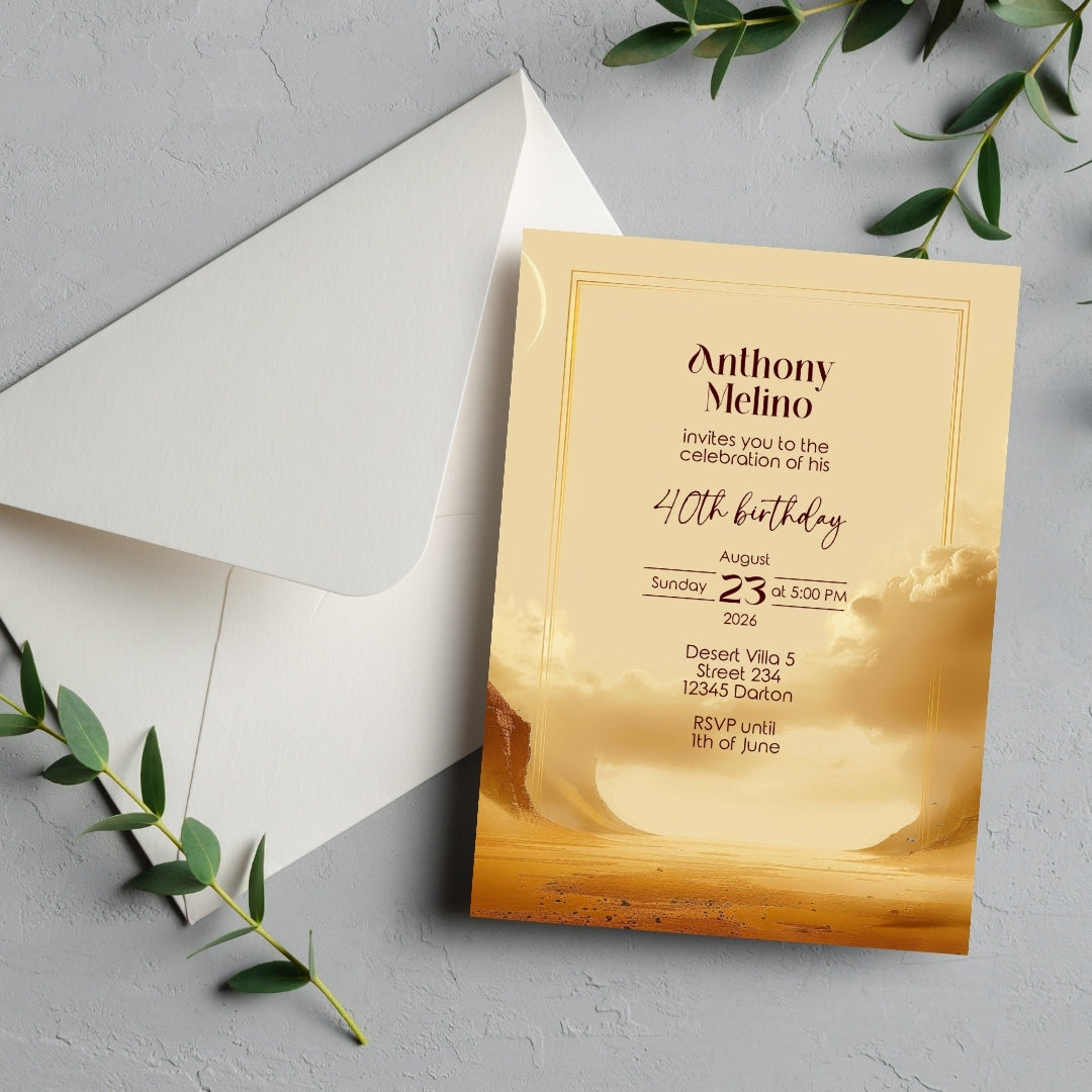 Golden Oasis Birthday Invitation - Serene Desert Design for Special Celebrations