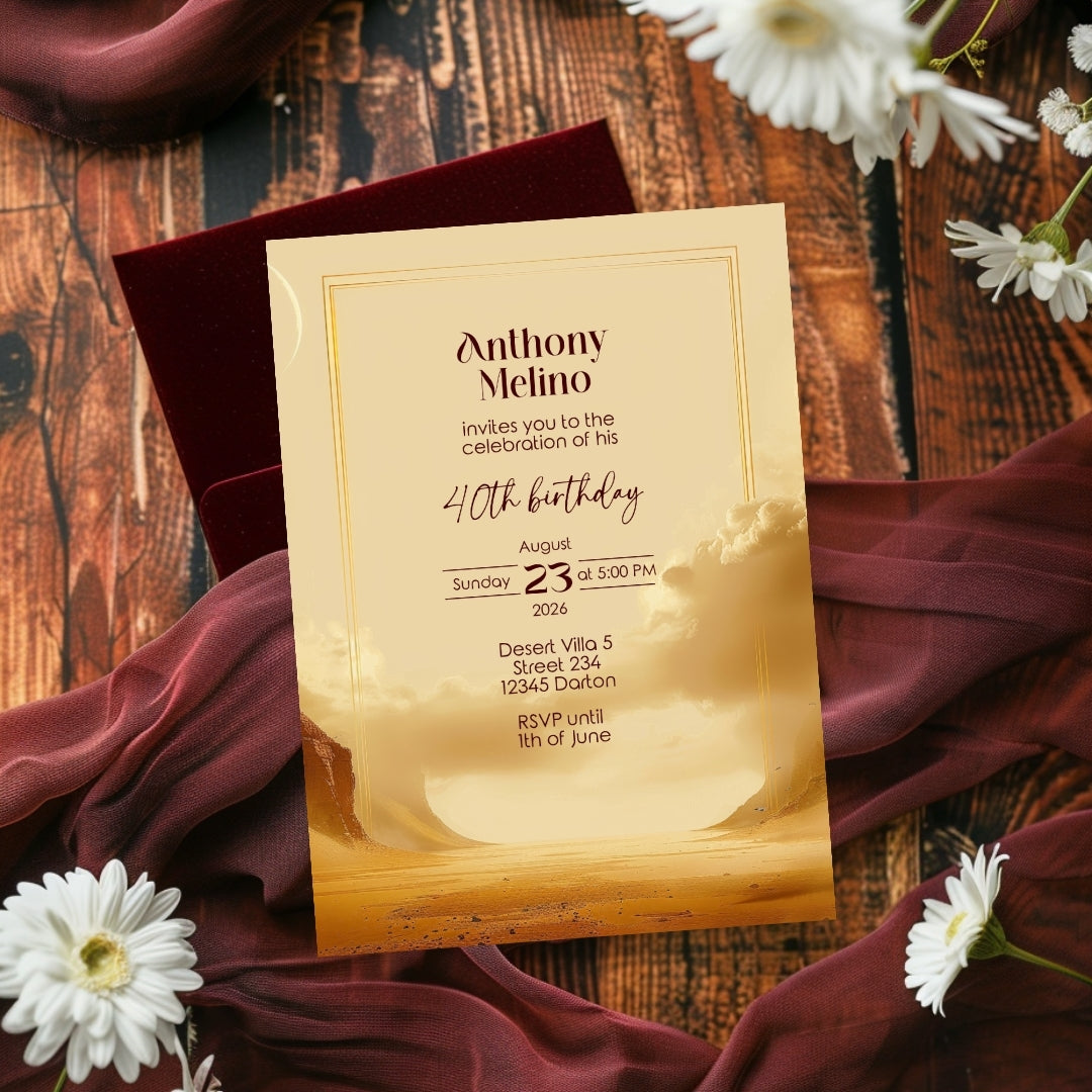 Golden Oasis Birthday Invitation - Serene Desert Design for Special Celebrations