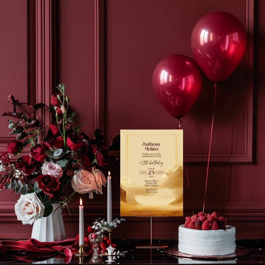 Golden Oasis Birthday Invitation - Serene Desert Design for Special Celebrations