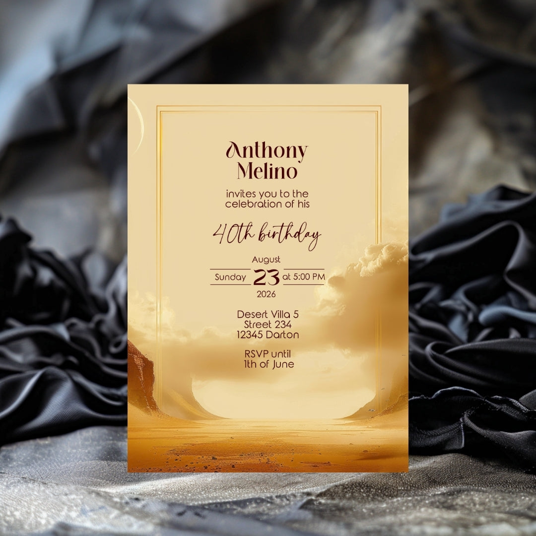 Golden Oasis Birthday Invitation - Serene Desert Design for Special Celebrations