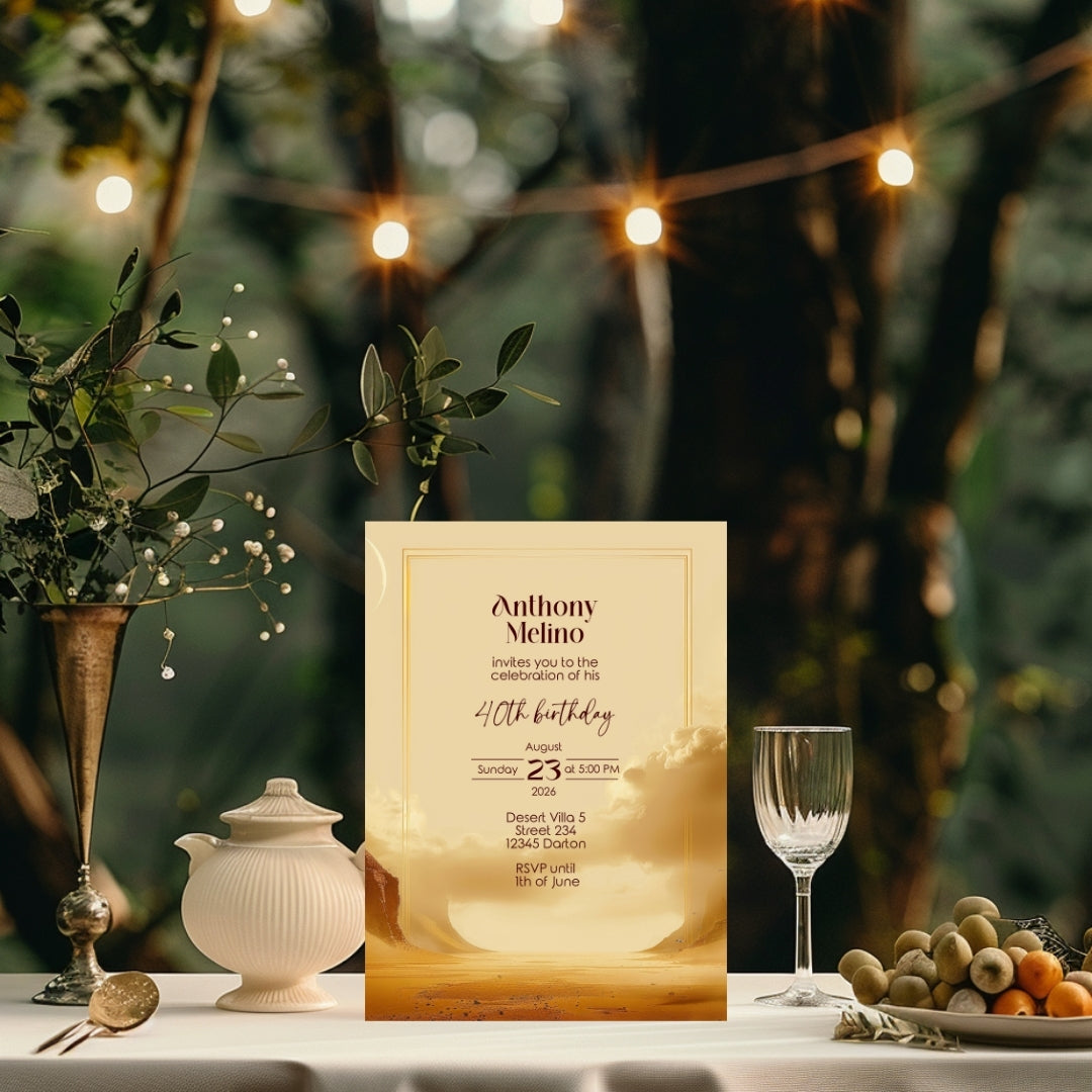 Golden Oasis Birthday Invitation - Serene Desert Design for Special Celebrations