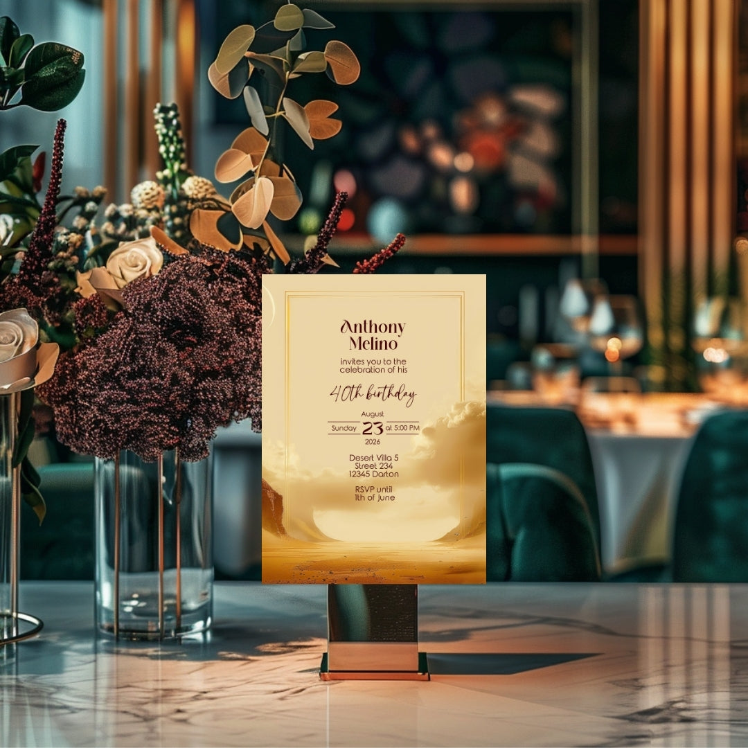 Golden Oasis Birthday Invitation - Serene Desert Design for Special Celebrations