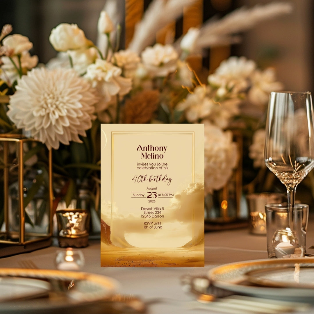 Golden Oasis Birthday Invitation - Serene Desert Design for Special Celebrations