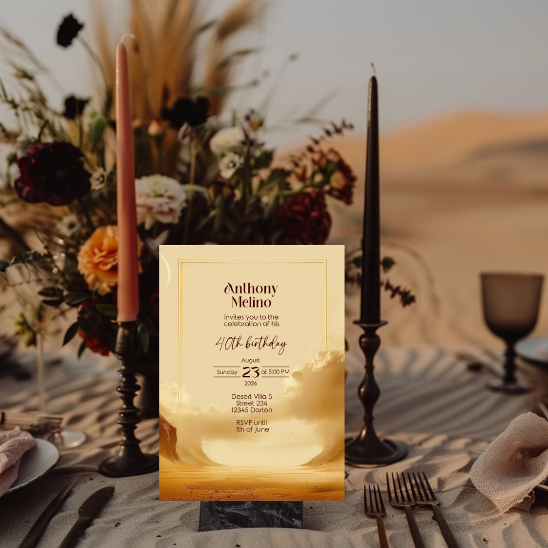 Golden Oasis Birthday Invitation - Serene Desert Design for Special Celebrations