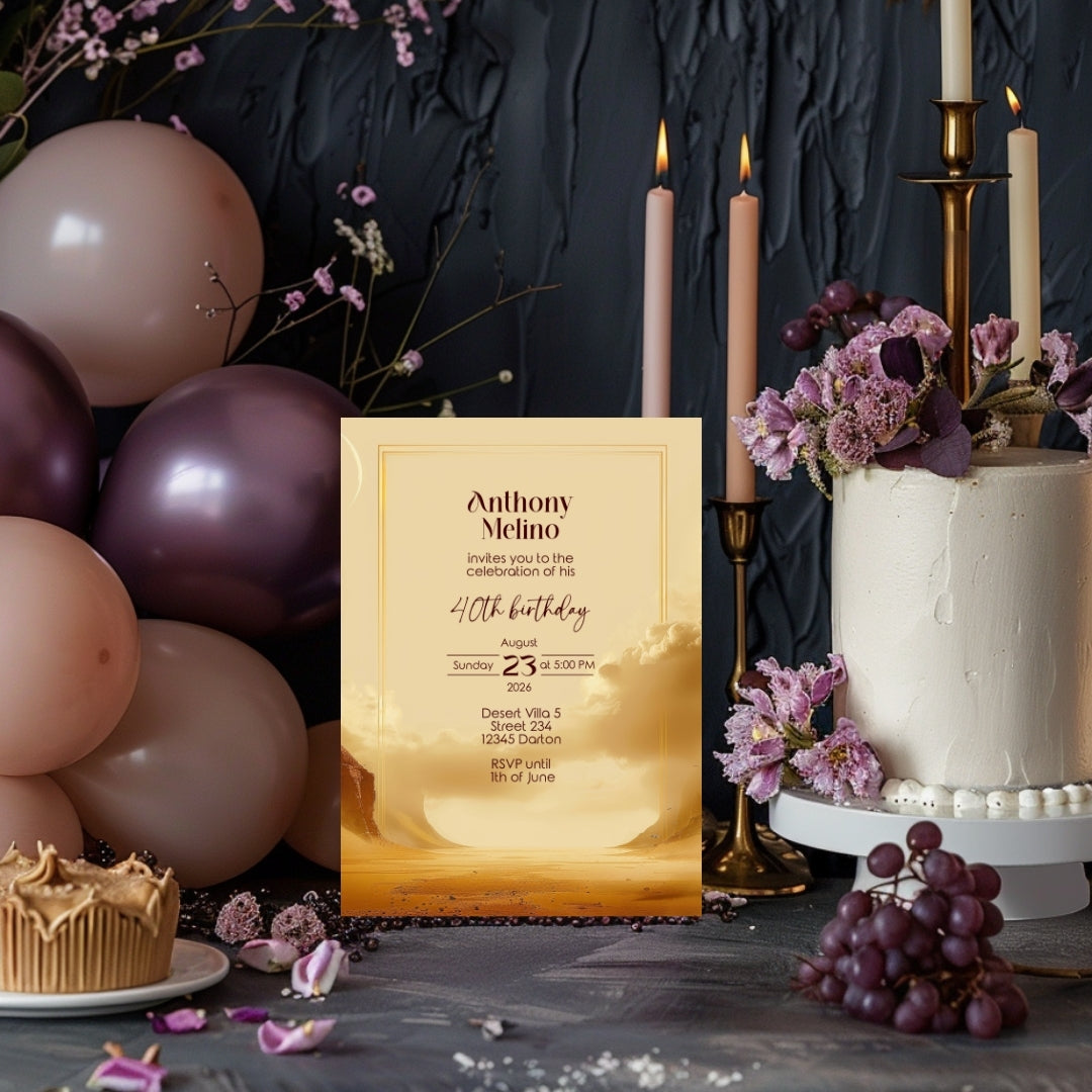 Golden Oasis Birthday Invitation - Serene Desert Design for Special Celebrations