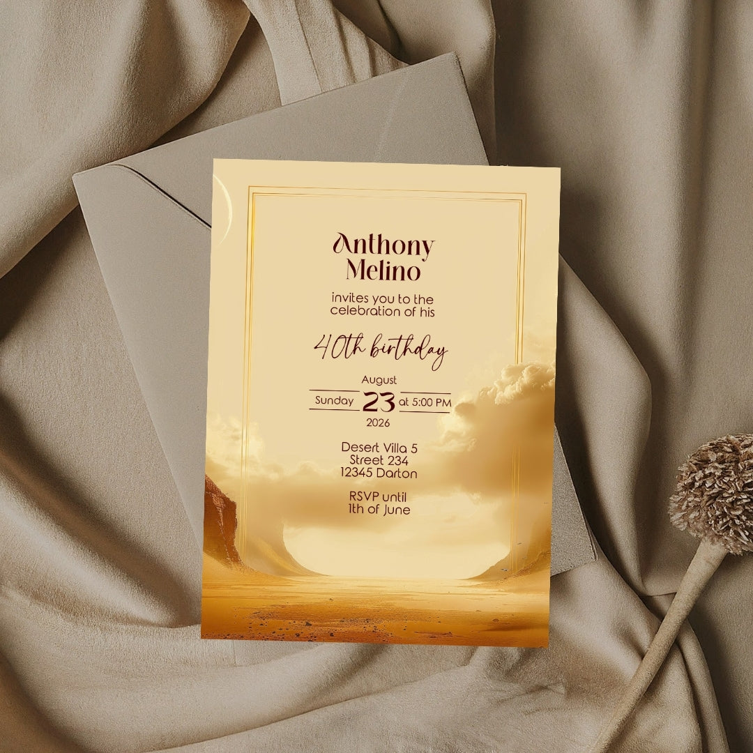 Golden Oasis Birthday Invitation - Serene Desert Design for Special Celebrations