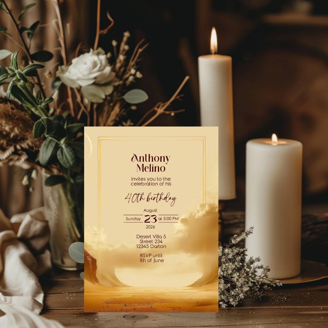 Golden Oasis Birthday Invitation - Serene Desert Design for Special Celebrations