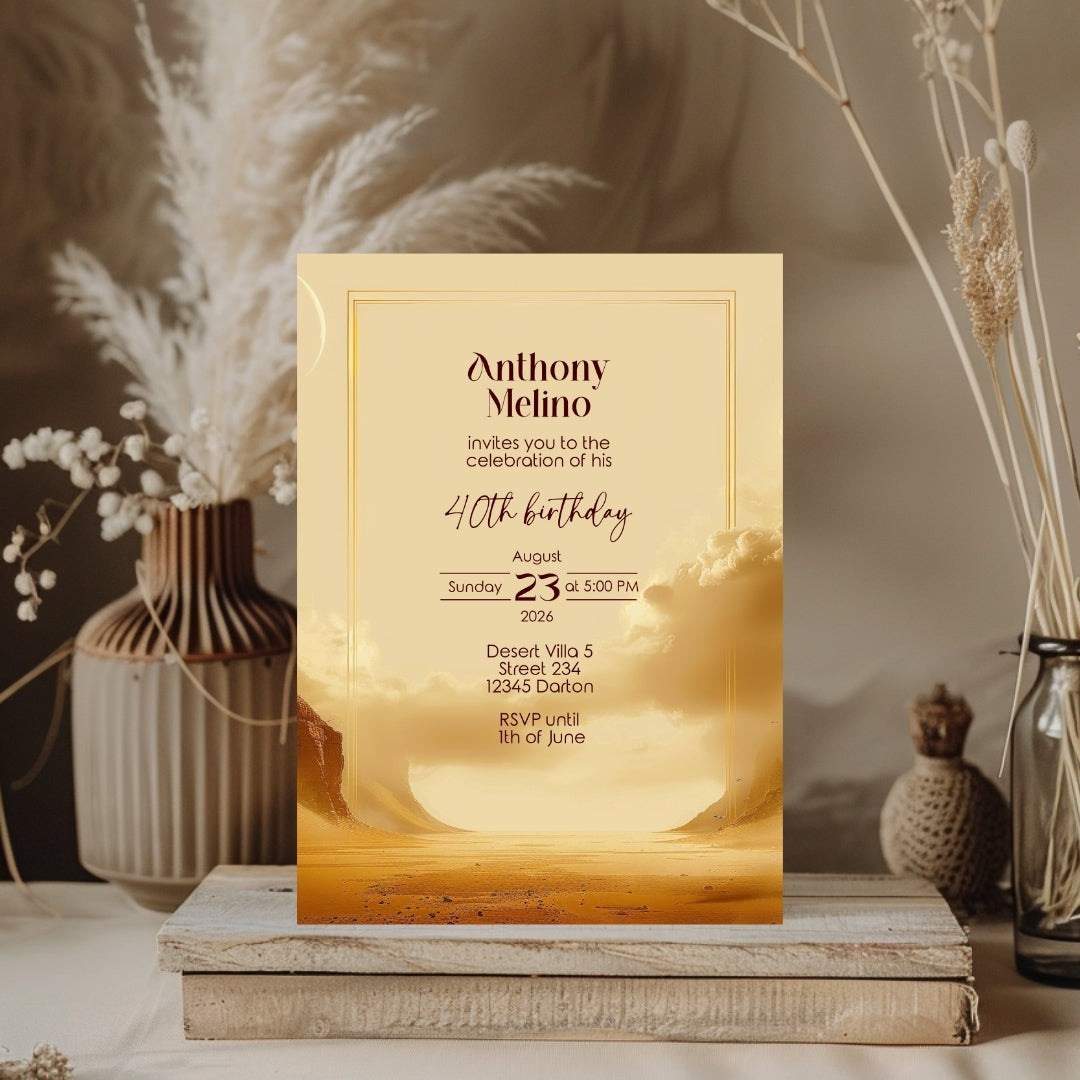 Golden Oasis Birthday Invitation - Serene Desert Design for Special Celebrations