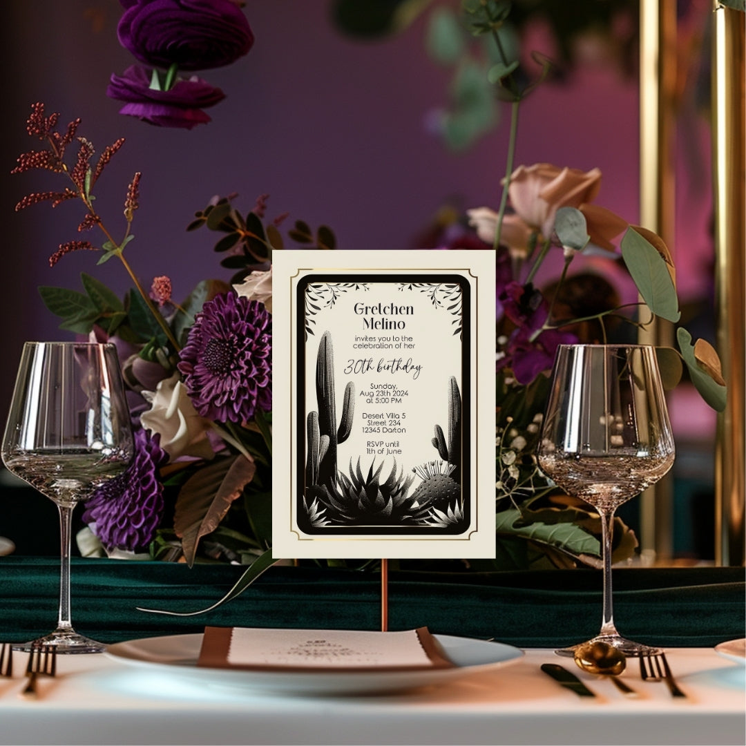 Desert Noir Birthday Invitation - Elegant Black and White Botanical Design