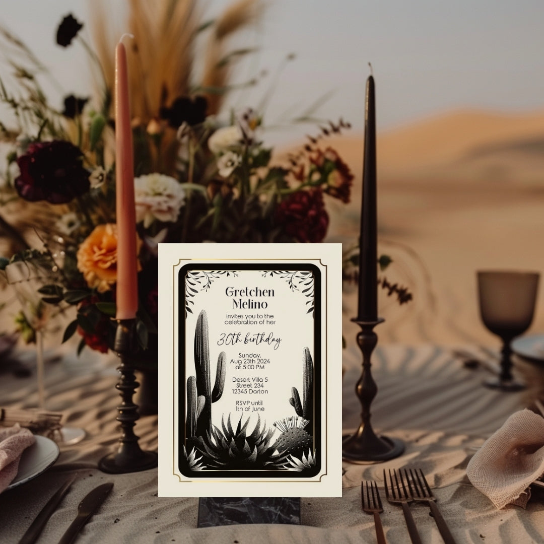 Desert Noir Birthday Invitation - Elegant Black and White Botanical Design