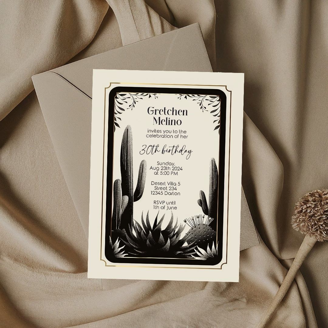 Desert Noir Birthday Invitation - Elegant Black and White Botanical Design