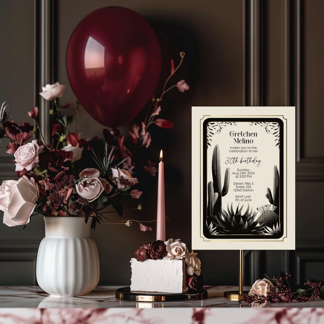 Desert Noir Birthday Invitation - Elegant Black and White Botanical Design
