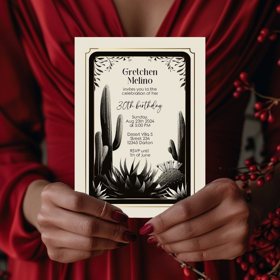 Desert Noir Birthday Invitation - Elegant Black and White Botanical Design