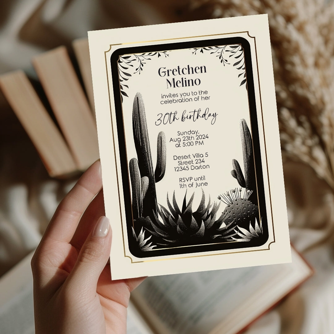 Desert Noir Birthday Invitation - Elegant Black and White Botanical Design