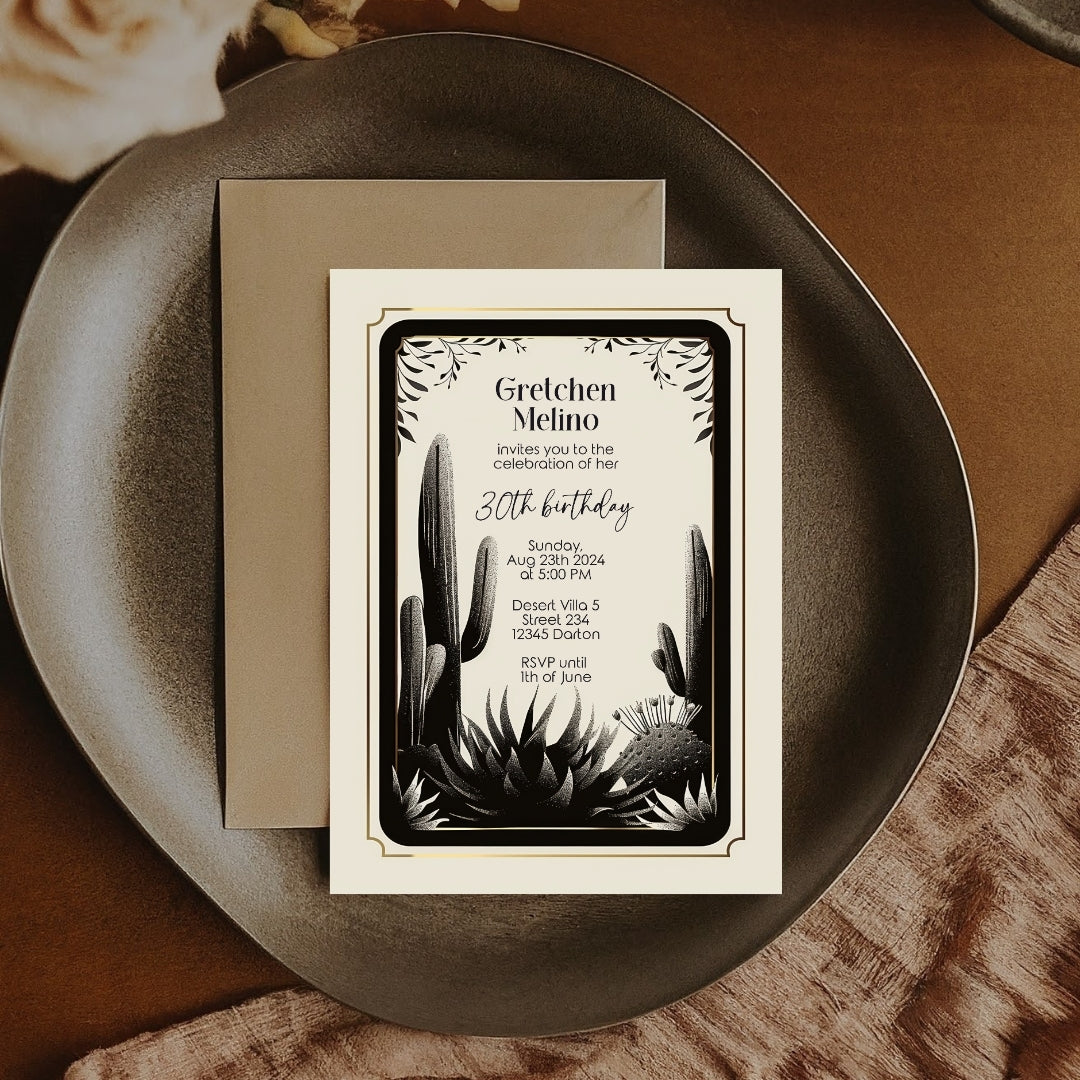 Desert Noir Birthday Invitation - Elegant Black and White Botanical Design