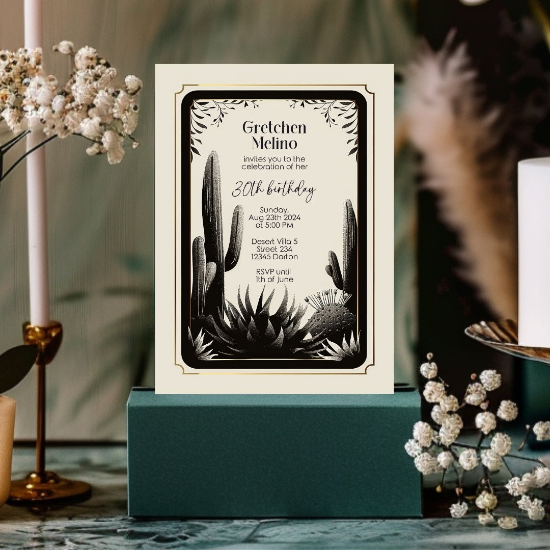 Desert Noir Birthday Invitation - Elegant Black and White Botanical Design