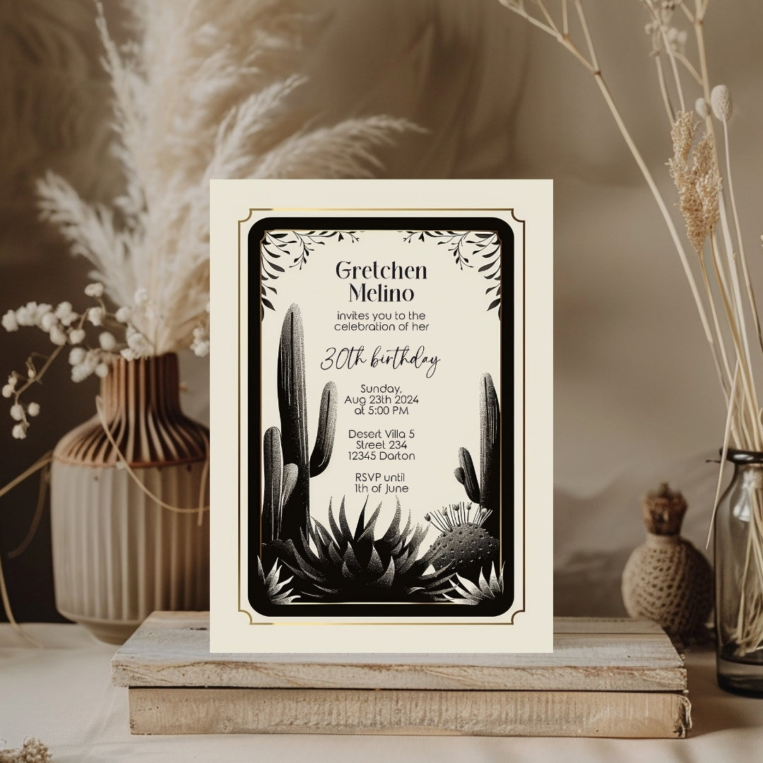 Desert Noir Birthday Invitation - Elegant Black and White Botanical Design